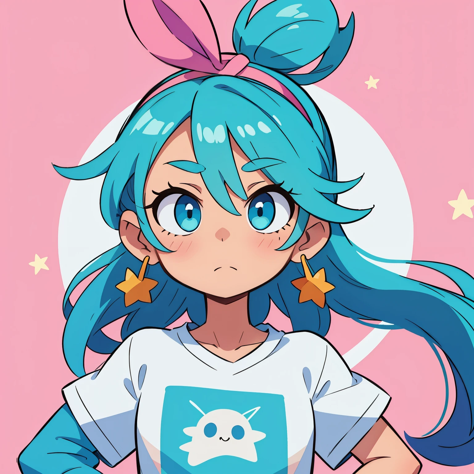 Hot pink-blue hair ,one eye is blue and the other is white ,headband with star , white earrings, turquoise T-shirt with bow