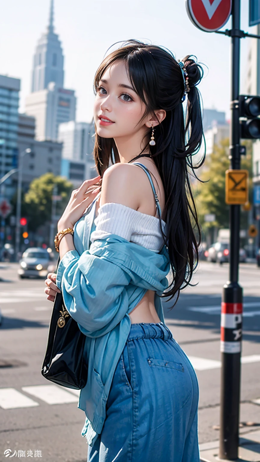 (最high quality, 8k, masterpiece: 1.3, Ultra HD, high quality, 最high quality, High resolution, realism)) 、25-year-old Caucasian female、Brunette、blue eyes、Long Hair、smile、thin、thinだがアスリートのような細マッチョ、I'I don't want my head to disappear from the screen..、wear accessories on your wrist、wearing red nail polish、Having a pedicure、Sheer off-shoulder top((Shoulder Cutout Tops))wear、シアーAladdin Pants((Aladdin Pants))wear、サンダルwear、Put the tote bag on your shoulder、Princess Two Side Up((Two-side up hairstyle))、skyscraper background、Waiting for a traffic light at an intersection