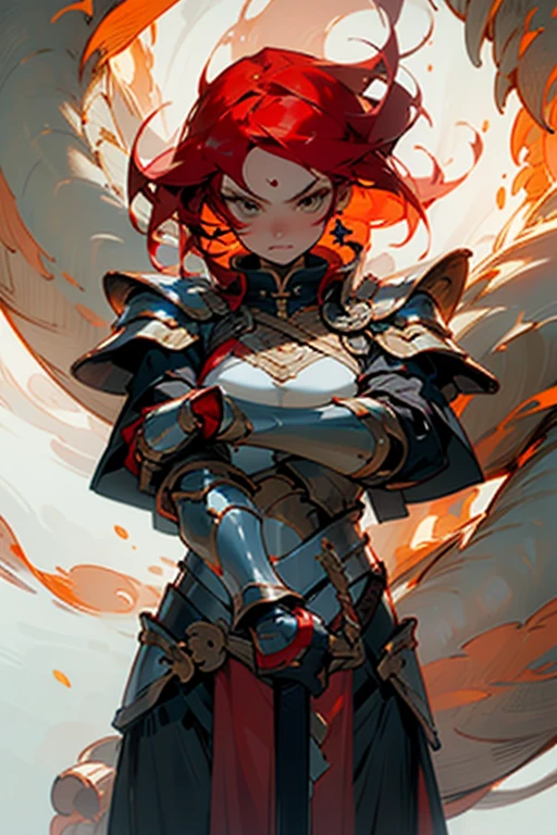 ((best quality)), ((masterpiece)), (detailed), perfect face warrior woman, beautiful, best graphics, soft lighting, crimson hair, tonfa on arms, spiral flames all aruond, armor on fire, modest, gentle, cute