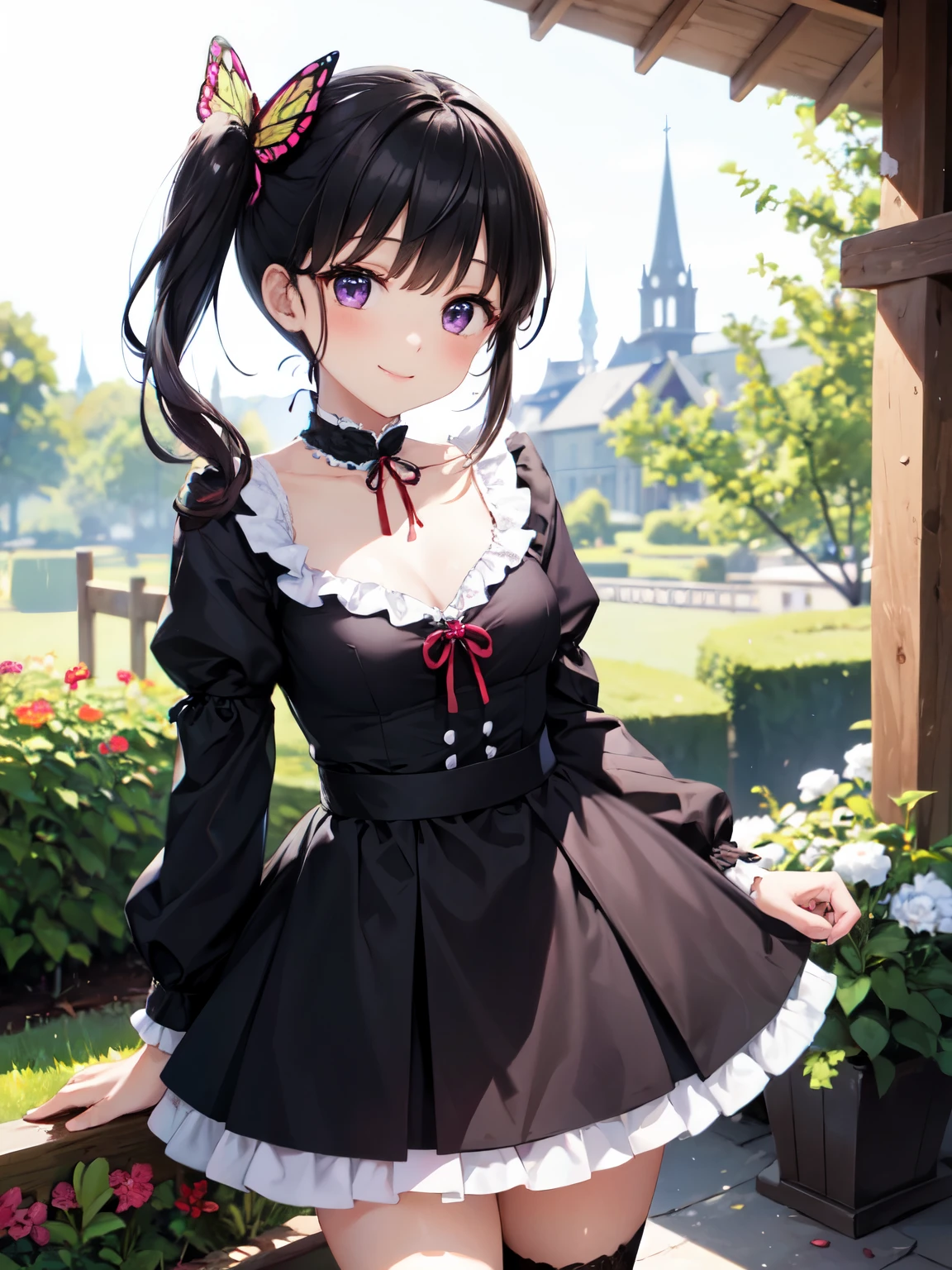 Very detailed, High resolution,[8K images:1.15],garden、Black Hair, butterfly, butterfly hair ornament, (Purple eyes:1.1), Side Ponytail,、全体的にLong Hair、1 girl, smile, kanao tsuyuri, Long Hair, brown hair、Bright Eyes、Open chest、gothic ta clothing、Cute skirt、skirt, white skirt、Absolute reference to the center、 