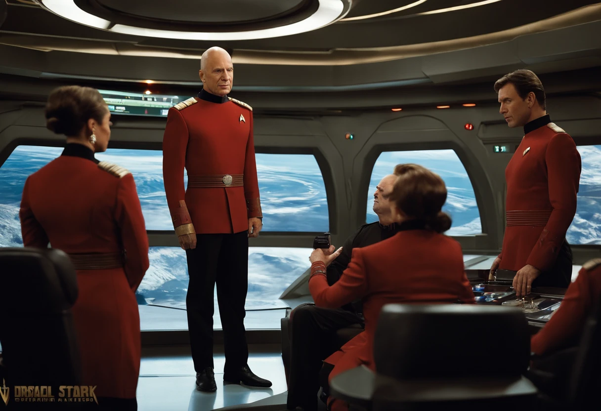 Use Captain Jean Luc Picard, Data of Star Trek Next Generation with Michael Garibaldi from Babylon 5, Lt. Columbo, from the TV movies, and use them together to make an image of Chief Security Officer Lt. Commander Harburt Jeld a crimson red tunic, forest green trousers that have a red stripe down each side, and dark blue boots. Place LT. Comm Jeld at the Tactical Station, on the bridge, of the Starship UPA (United Planetary Alliance) Montag NDD 1266. He is talking to the Cap. about security matters. This is a 43rd century starship. There are various stations and computer consoles, in the background, on a very large bridge. The Captain of the Starship UPA Montage NDD 1266 is Drake Origrüze. He's 5' 6" tall about a 180lbs, with a small scar above his right eyebrow. He's wearing a forest green tunic, with dark orange trousers, and crimson red boots, that have a yellow lightning bolt down each side of the boots. Lt. Commander Harburt Jeld stands tall and imposing at the Tactical Station on the expansive bridge of the Starship UPA Montag NDD 1266. Clad in a crimson red tunic adorned with the emblem of the United Planetary Alliance, he exudes authority and confidence. His forest green trousers boast a striking red stripe down each side, accentuating his swift and decisive movements. Dark blue boots complete his uniform, providing both style and functionality. Commander Nova Starr is the name of this Starship's 1st officer. She is near the 2 men talking over security matters, but is only marginally part of the discussion. She's at her console, of the bridge, which looks very similar to Babylon 5's command and control center.