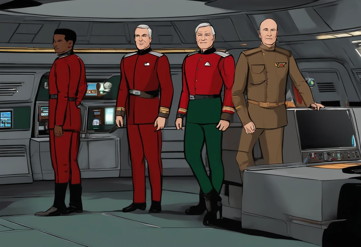 Use Captain Jean Luc Picard, Data of Star Trek Next Generation with Michael Garibaldi from Babylon 5, Lt. Columbo, from the TV movies, and use them together to make an image of Chief Security Officer Lt. Commander Harburt Jeld a crimson red tunic, forest green trousers that have a red stripe down each side, and dark blue boots. Place LT. Comm Jeld at the Tactical Station, on the bridge, of the Starship UPA (United Planetary Alliance) Montag NDD 1266. He is talking to the Cap. about security matters. This is a 43rd century starship. There are various stations and computer consoles, in the background, on a very large bridge. The Captain of the Starship UPA Montage NDD 1266 is Drake Origrüze. He's 5' 6" tall about a 180lbs, with a small scar above his right eyebrow. He's wearing a forest green tunic, with dark orange trousers, and crimson red boots, that have a yellow lightning bolt down each side of the boots. Lt. Commander Harburt Jeld stands tall and imposing at the Tactical Station on the expansive bridge of the Starship UPA Montag NDD 1266. Clad in a crimson red tunic adorned with the emblem of the United Planetary Alliance, he exudes authority and confidence. His forest green trousers boast a striking red stripe down each side, accentuating his swift and decisive movements. Dark blue boots complete his uniform, providing both style and functionality. Commander Nova Starr is the name of this Starship's 1st officer. She is near the 2 men talking over security matters, but is only marginally part of the discussion. She's at her console, of the bridge, which looks very similar to Babylon 5's command and control center.