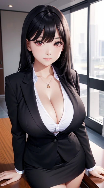 ((best quality)), ((On the table)), (detailed), (emphasize), perfect face,A bit big，Large bust，Young girl&#39;s face detail showing cleavage、Red eyes and long, Thick, smooth, pretty black hair，Bangs、Monochrome background、Wear it standing with a blazer and miniskirt、