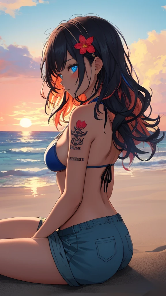 (masterpiece, best quality, ultra detailed, ultra high resolusion, highres,8k:1.4), BREAK,20_years_old, 1giri sitting-on-the-the edge-of-the-waves,beach,looking away, (dark_skin:1.2),(tribal_tatoo),(wavy hairs),(messy hair),(asymmetry bangs),(multicolored hair),
Tsurime Eyes, (((blue eyes))),
((flower hair ornament)),(shortpants,bikini:1.4), sunset, from side,