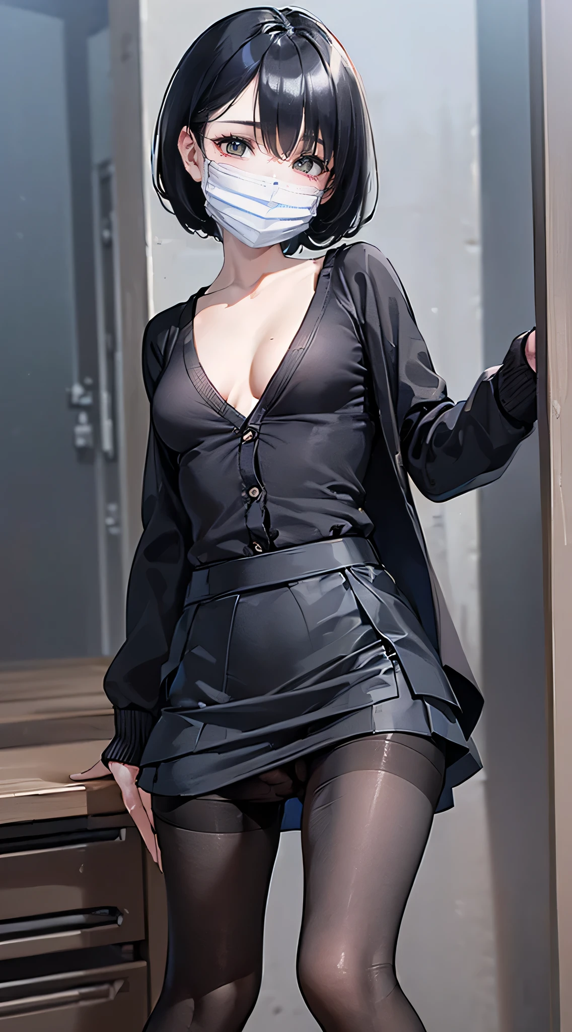 (((((middle age woman))))), masterpiece, ultra detailed, 8k portrait, RAW photo, portrait photography, highly detailed face, 1 woman, (standing and spread legs:1.7), 33 years old, (((((tall))))), (((small eyes))), glasses, (white surgical mask:1.5), (((black very short cut hair))), (((hair over one eyes))), (((white skin color))), (no bra:1.5), (no panties:1.5), (Office lady suits), (((((put on a black cardigan))))), (((((knee length skirt))))), (black pantyhose:1.5), (((pumps))), Midday Sun, hyper realistic, Body model, (Small breasts:1.5), Beautiful breasts, (big butt), Long legs, in the office room, Ambient lighting, Shadow details, Camera focus on face, strong breeze, Light fog, (pussy:1.5)