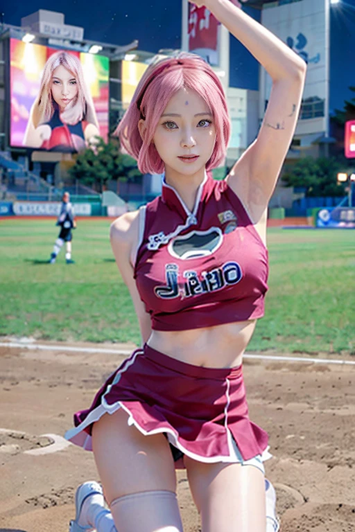 (8K, top-quality, masterpiece:1,2), (reallistic, Photorealsitic:1.37), Super Detail, One girl,), (Highly detailed), (beautifully detailed eyes), (of the highest quality), (super detailed ), (masterpiece), (Detailed face),20yr old, ,1 girl, full body, pink hair,Very short hair, big breasts, clothed, Perfect Lighting, looking at viewer, aroused face, naughty face, underboob, ((panty shot , up-skirt)), cheerleader, cheer, pom-poms, track and field, track and field track, cheerleading, standing,Cheerleaders are cheering with pompoms, one foot is up, navel gazing