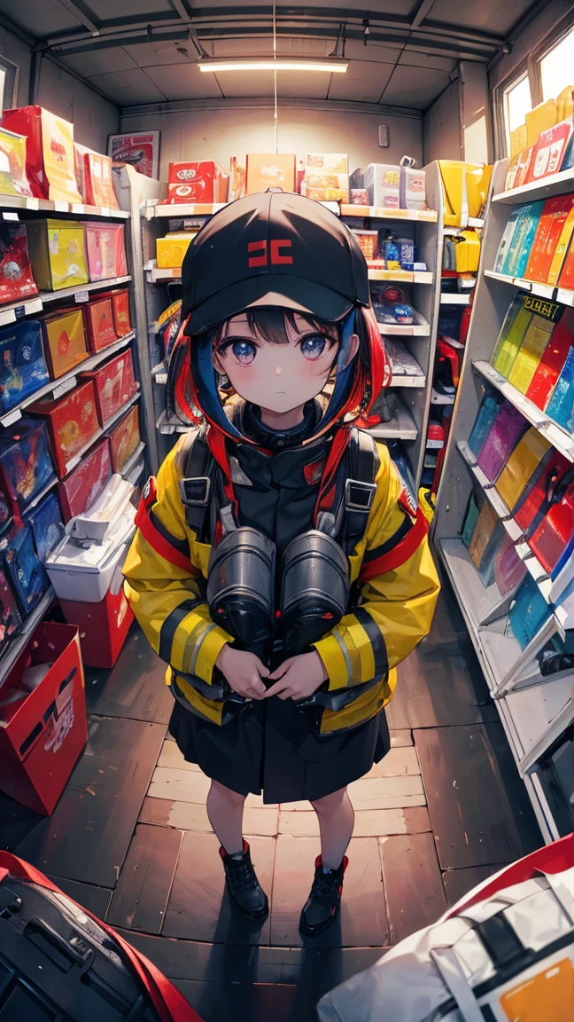 (masterpiece, best quality), (colorful:1.4), from above, solo, 1girl standing in a firefighting equipment store with fireproof gear on the shelves and a bag of emergency supplies, depth of field, fisheye lens