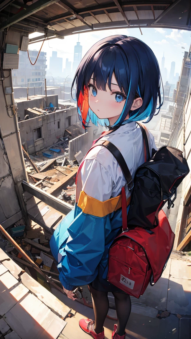 (masterpiece, best quality), (colorful:1.4), from above, solo, 1girl standing in a demolition site with rubble all around and a bag of construction tools, depth of field, fisheye lens