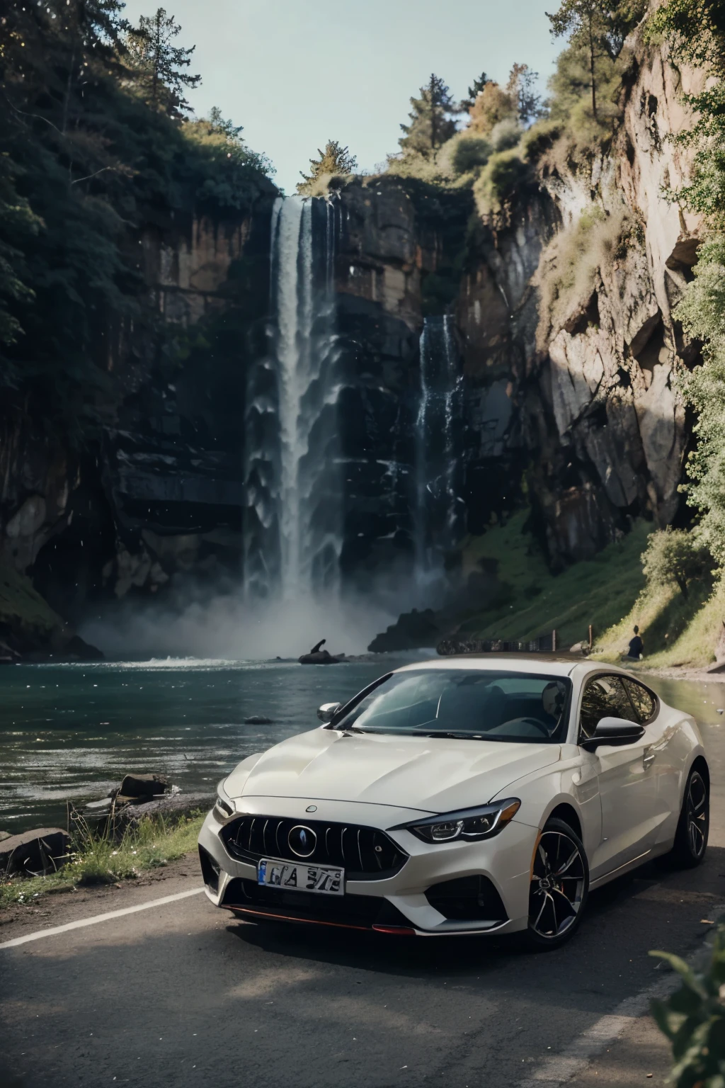 anazing, beautiful, colorful car near waterfall at evening