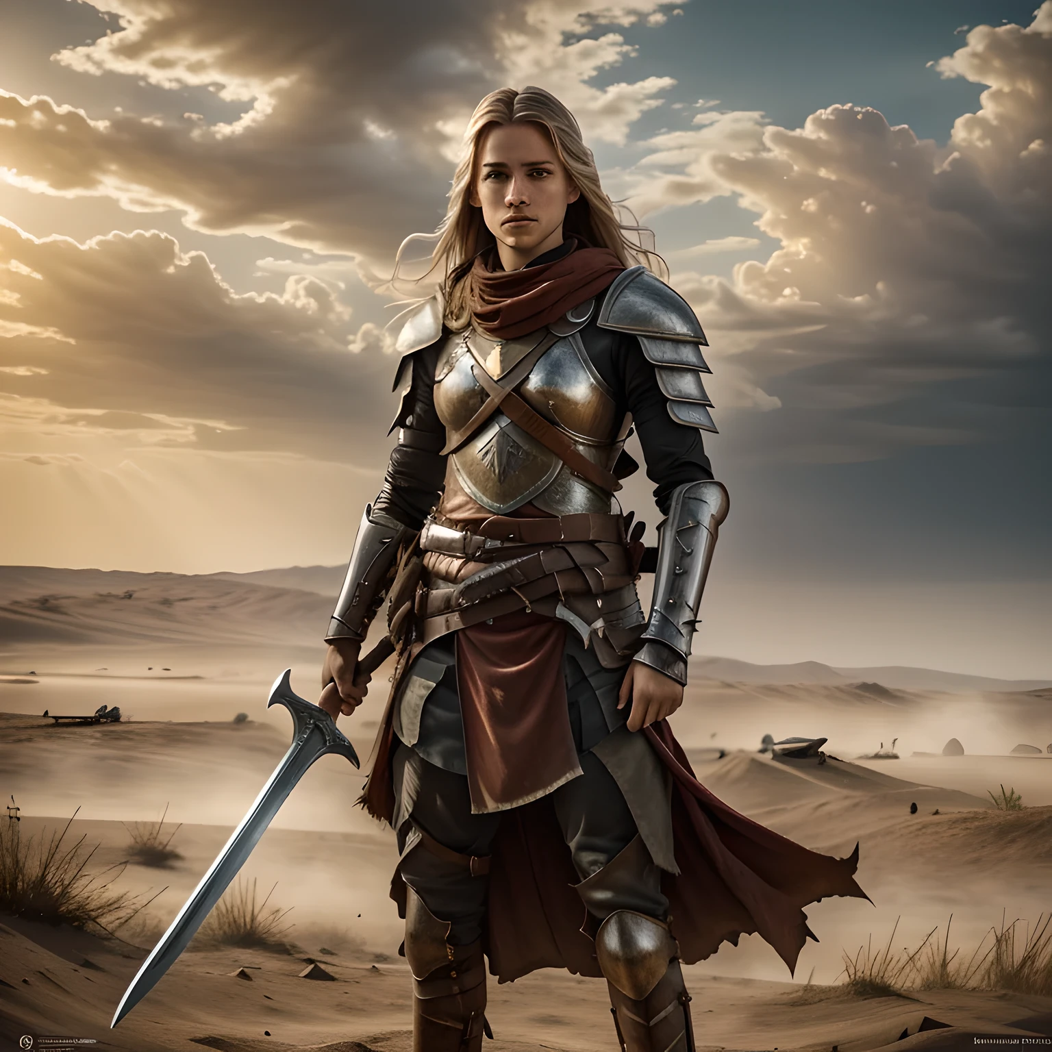 (best quality,4k,8k,highres,masterpiece:1.2),ultra-detailed,(realistic,photorealistic,photo-realistic:1.37), medieval knight, young warrior girl, wearing polished silver knight armor, vividly reflecting the surrounding scenery, elegant yet strong face, long flowing blond hair cascading down her back, mesmerizing blue eyes shining with determination and bravery, standing proudly on the battlefield, gripping a mighty double-handed sword in her hands, its gleaming blade catching the sunlight, ready to defend against any foe, the air filled with intensity and anticipation, the sounds of clashing swords and battle cries resonating in the background, a war-torn landscape with smoke and debris, remnants of a fierce fight, broken weapons and armor scattered across the ground, the sky painted with shades of orange and red, as if mirroring the fierce determination burning in the young warrior's eyes, rays of sunlight piercing through the clouds, casting dramatic shadows on the battlefield, as if nature itself is witnessing the extraordinary courage and resilience of this 24-year-old girl fighting for her beliefs.