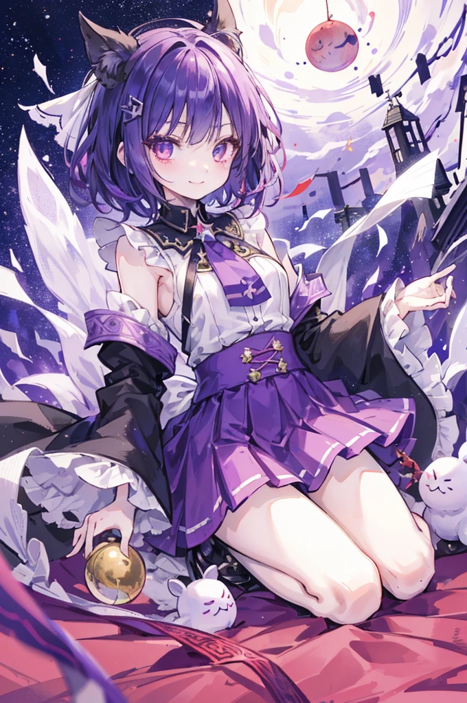 (Best image quality)、Young girl、human、Magician always smiling 、yay、Purple Hair、Orange eyes and hollow eyes、bangs are heavy、Thin eyebrows、Fantasy、intake、Double teeth、Star motif、Seiza motif、Monochrome clothing-style decoration、Cape、A little dark atmosphere、A little crazy smile、Red Moon、Big Moon、Blood return、Black star hair ornament、short tie、No nails、High Waist Skirt、flare sleeves、Long sleeve shirt、Black tie、