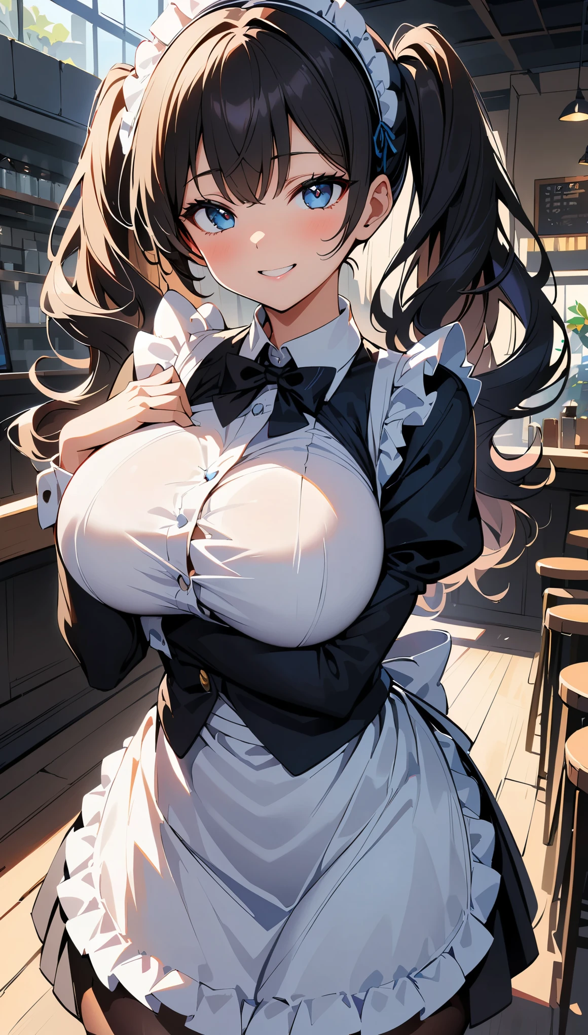 (high quality, 8k, 4K, High Contrast, masterpiece:1.2, 最high quality, Best aesthetics), Beauty, Maid, Very detailed, Seductive and erotic girl with lace headdress, smile, (Big Breasts, Black Hair, Twin tails), Focus on the face, Focus on the face, Complex eyes, tights, 40デニールの黒tights, coffee shop, Low angle shot, Viewer looking up,