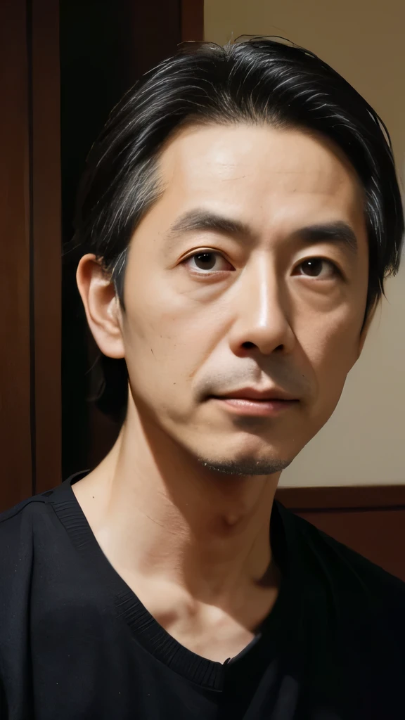 50 years old, Japanese Male, Hair is thin, Similar to Masato Hagiwara,looking at the camera