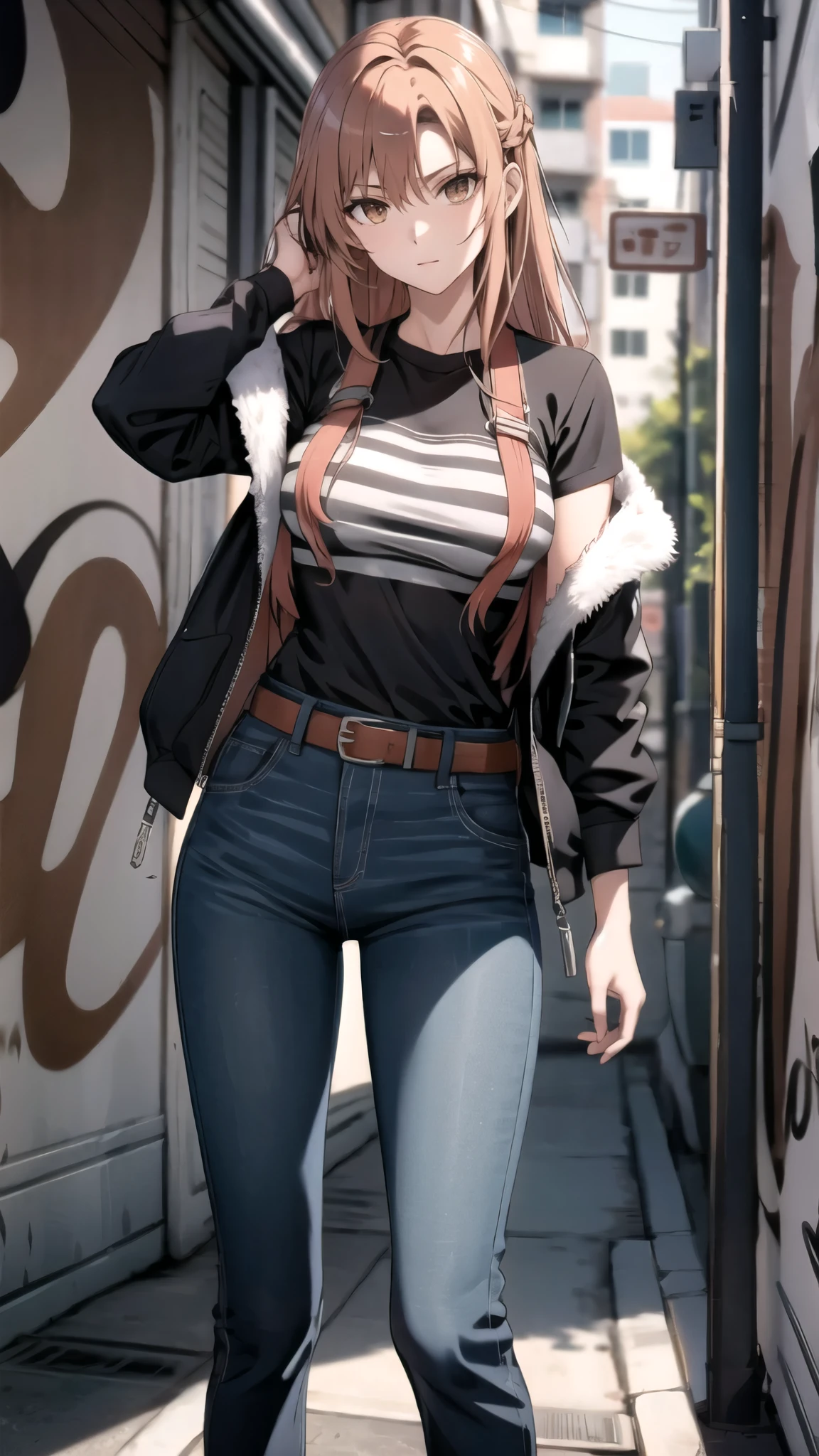 asuna. atractiva mujer., cabello naranja, ojos avellana, pechos grandes Chaqueta pop extragrande, Camiseta mini debajo del pecho, ombligo abierto, cintura delgada, Pantalones vaqueros de mezclilla, With buckled belt, In the graffiti alley, manos perfectas .