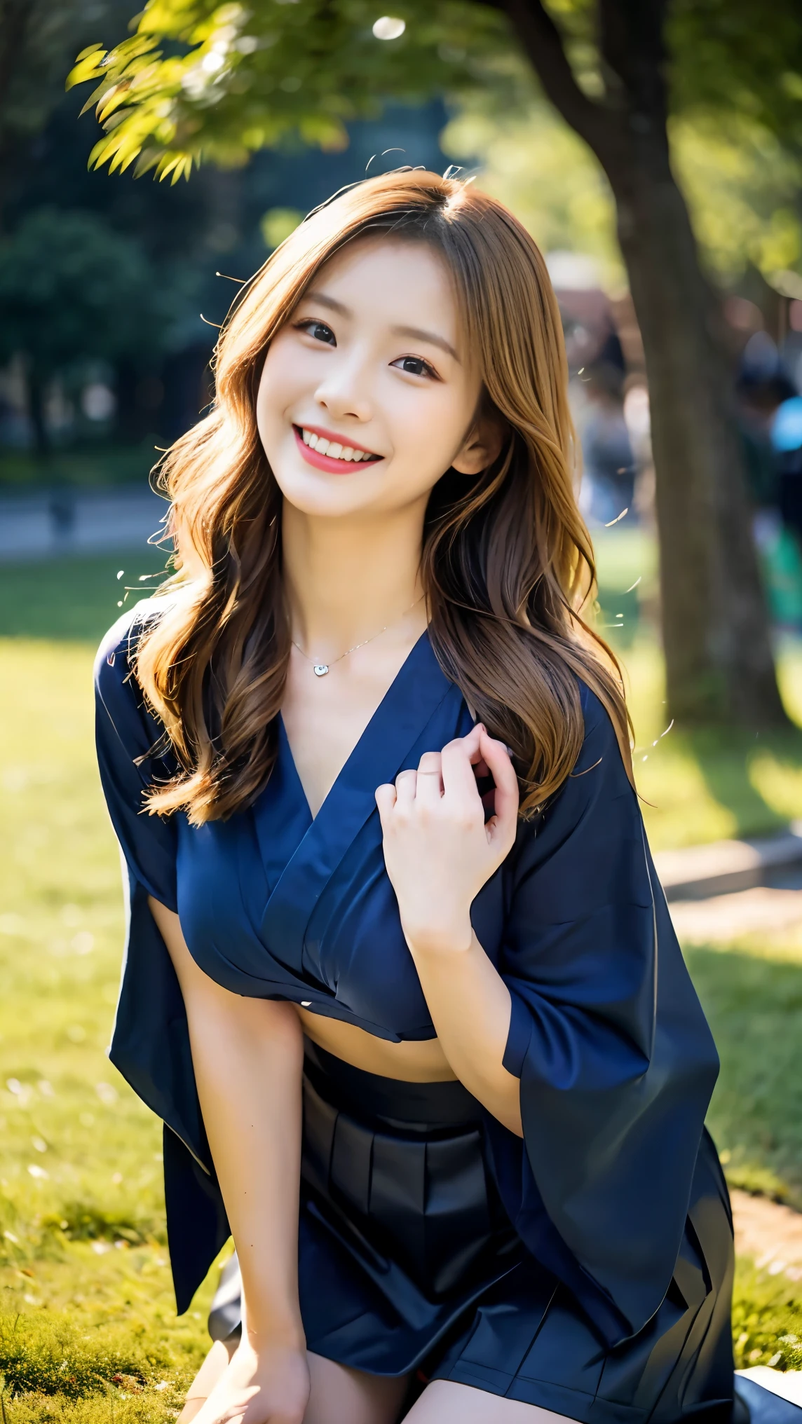 23 is a novel, Long dark blonde wavy hair、 puffy nipples、long pleated skirt in dark blue color,,Medium Milk, Cute Smile、(lean forward to emphasize the chest)、、Beautiful Necklace、black kimono、Visible shot of the whole body、On the grass in the park、Squat on your knees、Cute smile with upward glances