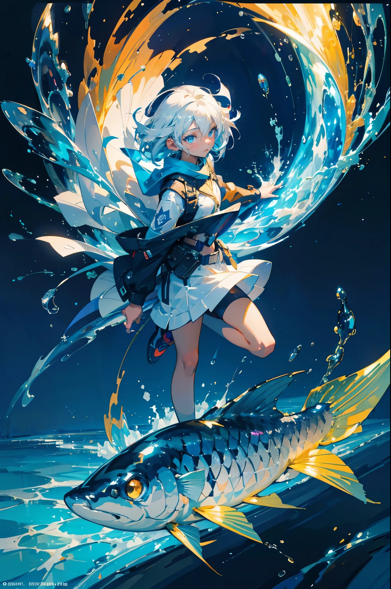 Star ,Stargazer, 1girl in, Cute, Water, Smile, Asian, Face seen from the side, Fish, Orion, flowingwater, divine ,White hair , dutch_Angle, up looking_Down, Thick_thighs thighs thighs thighs, Short hair, Parted bangs, Hair pulled back, Grey Hair, doyagao, Red Eyes, Bracelet, vests, spark of light, Beautiful and detailed bubbles, Deep sea background,