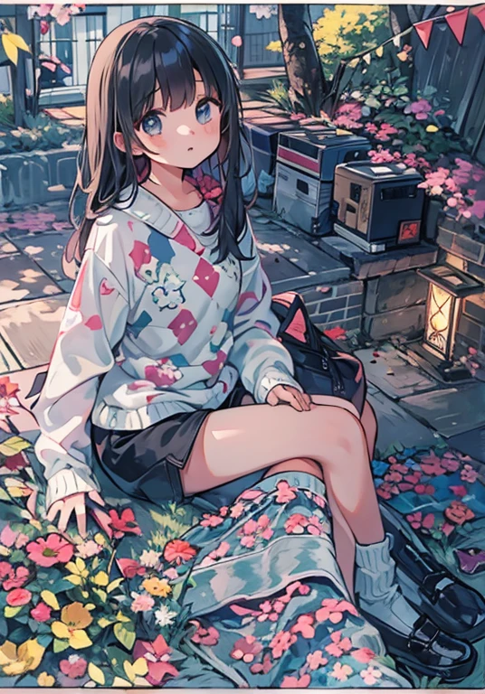 Beautiful illustrations, highest quality, (10 year old girl:1.6)、(pretty girl：1.5)、、、Flat Chest、White argyle check knit、(black chino shorts：1.4)、(Black shorts with wide openings：1.2)、Gap between thighs and shorts、Slim thighs、 Straight Hair、Cinematic lighting