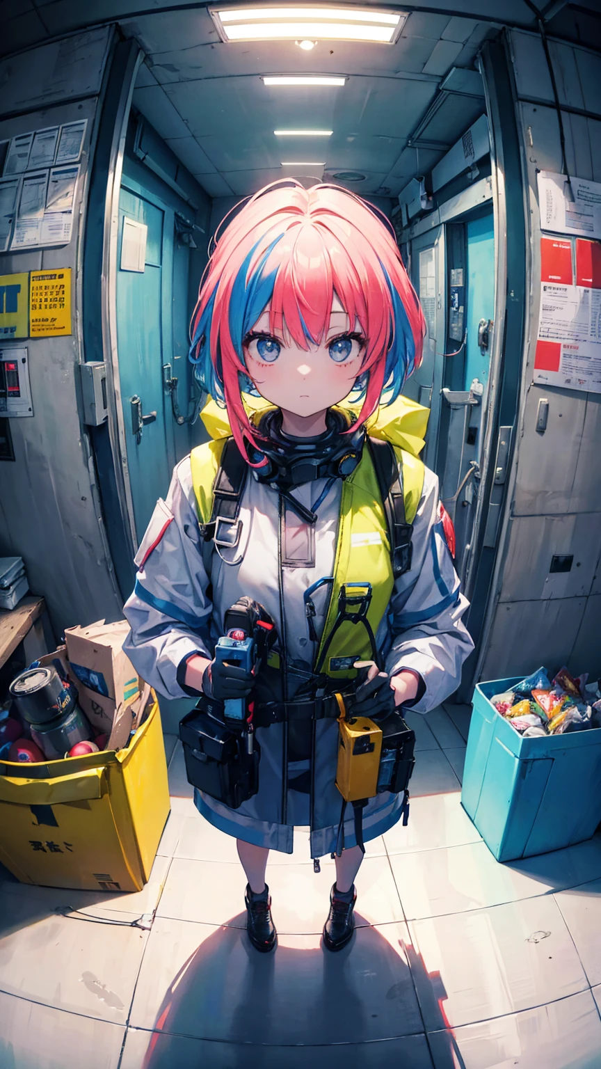 (masterpiece, best quality), (colorful:1.4), from above, solo, 1girl standing in a nuclear power plant with radiation signs in the background and a bag of safety equipment, depth of field, fisheye lens