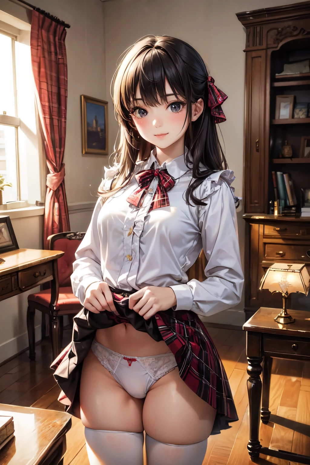 very cute and beautiful girl,(highly detailed beautiful face),(smile),blush,cowboy shot, (white blouse with detailed frills),long sleeve BREAK standing,(skirt lift,laced white panties), hair ribbon,black hair,(scarlet plaid mini skirt) BREAK antique living room,gorgeous furnitures,sofa,desk, (best quality,masterpiece:1.0),absurdres,highres,ultra-detailed,extremely detailed,32k,8k resolution, intricate details,cinematic scene,detailed background,solo,dynamic angle,realistic,