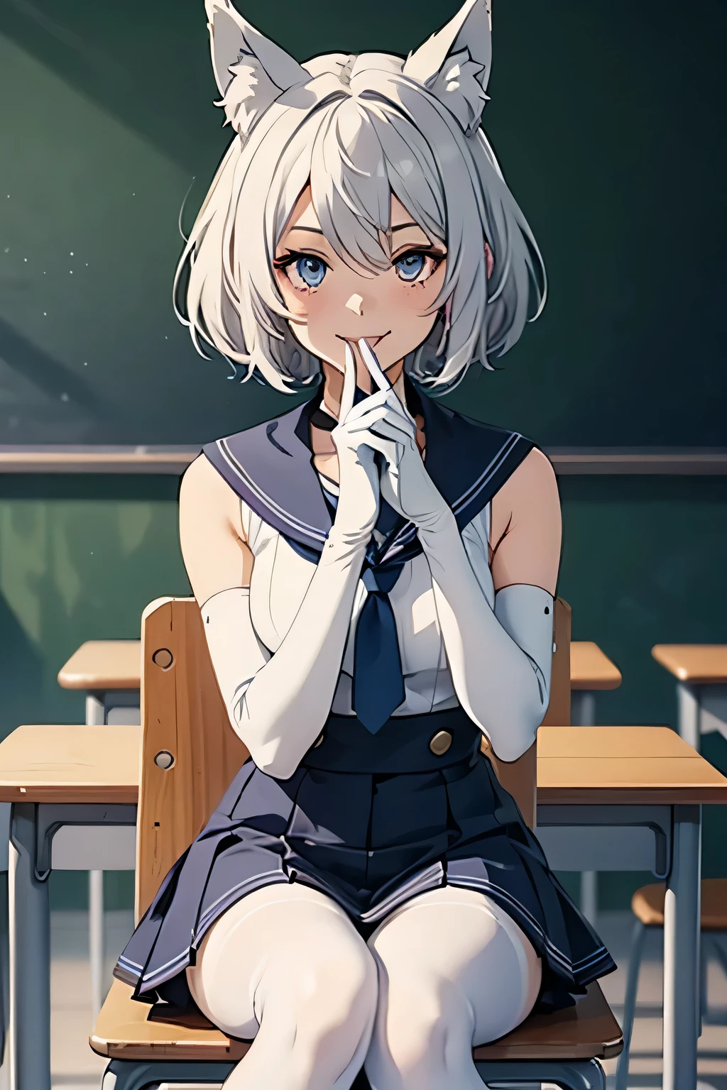 Tabletop Best image quality wonderful Attention to detail One Young Woman((Adult))Anime Style White Sailor Suit(Sleeveless) Navy blue mini skirt Pure white gloves(Elbow Gloves)cover your mouth with your hand White pantyhose(Plain) Wolf Ears short hair((Shortcuts)(Gray Hair)(Curly Hair)(fluffy)) smile(Red cheeks)(Open your mouth) Eye color is blue background(classroom) Sit on a chair