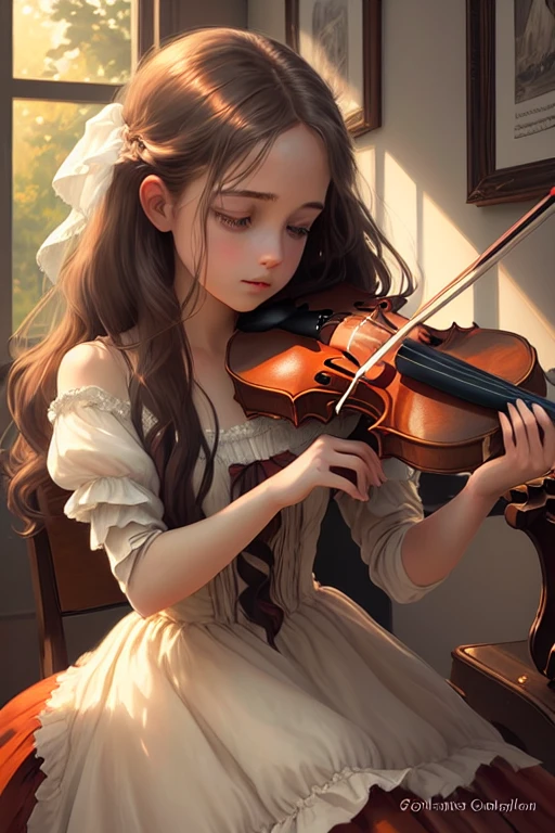 a girl holding a violin
oil painting
detailed strokes, soft and vibrant colors
in a dimly lit room with sunlight streaming through a window
her elegant posture and focused expression convey her passion for music
beautifully textured wooden details of the violin, highlighting its craftsmanship
crimson dress, flowing and draped, adding a touch of elegance
the surrounding atmosphere is filled with a warm and nostalgic tone
a vintage music stand beside her, holding sheet music
subtle hints of musical notes floating in the air, portraying the harmony she creates
masterfully painted facial features, with emphasis on her bright eyes and rosy lips
her long, flowing hair adding a sense of movement and grace to the composition
the background consists of rich, dark tones, contrasting with the vibrant colors of the girl and the violin
overall, the painting exudes a sense of both tranquility and passion, reflecting the girl's love for music