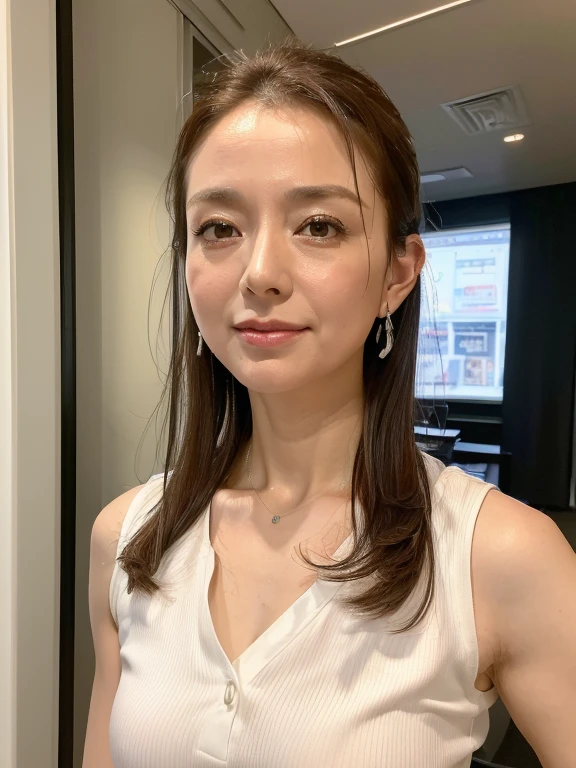 (Best Picture Quality, 4K, High Quality, Masterpiece:1.2), ((Masterpiece)), High Detail, High Quality, (HDR,16k, RAW Beautiful Girl Portrait, Best Picture Quality, Masterpiece:1.2), (Ultra-Definition Illustration), office, sleeveless tight sexy business shirt, extremely beautiful, (40years old:1.4), armpits,
