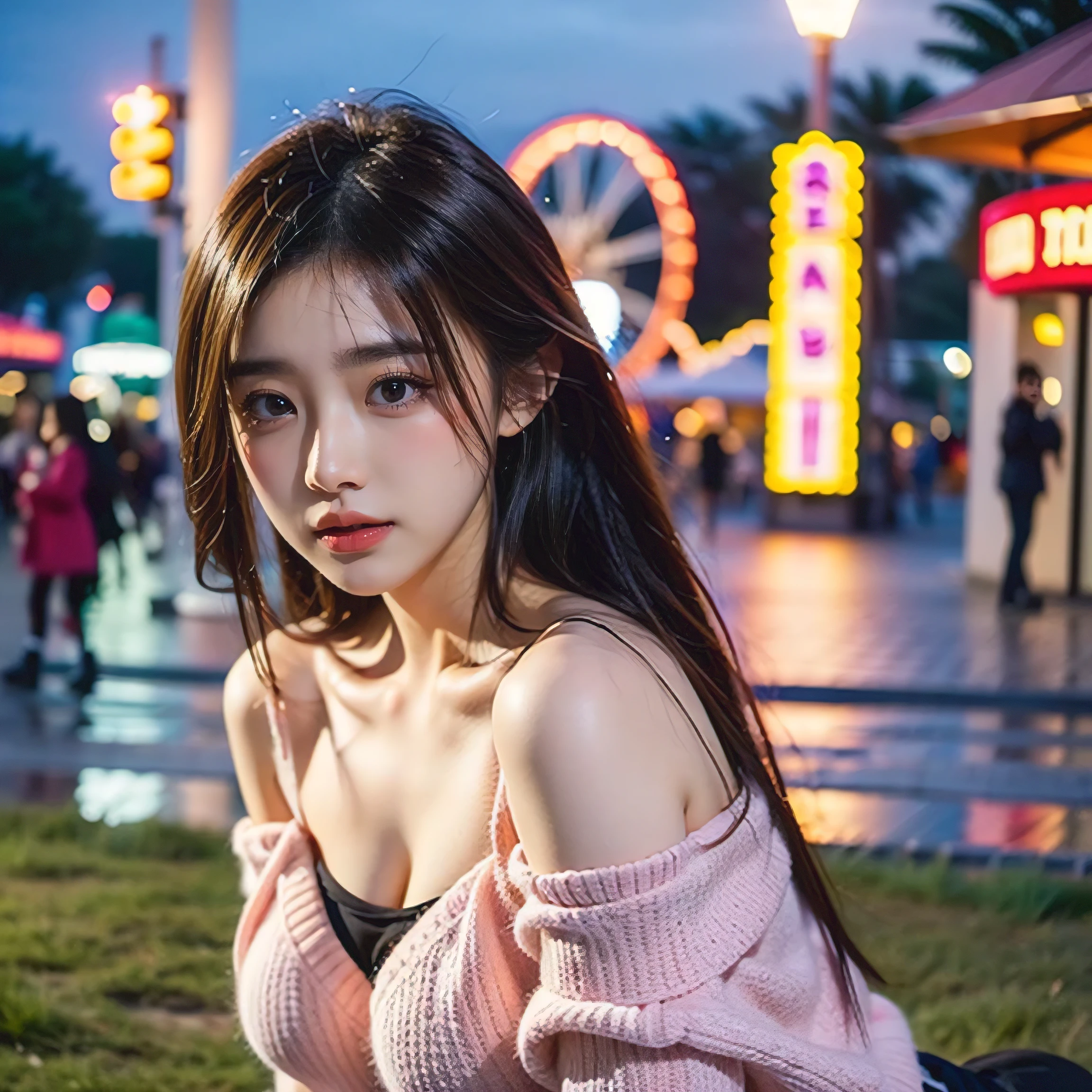 highest quality, masterpiece, Ultra-high resolution, (Reality: 1.4), Original photo, One girl, 23 years old:1.2, Vivid color off-shoulder, Cinema Lighting、Portrait、Amusement park at night、big breasts