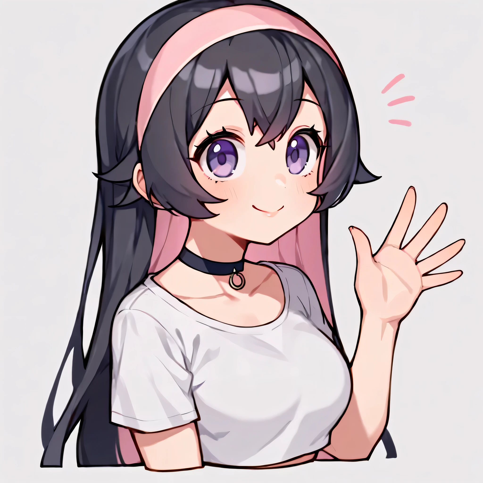 score_9, score_8_up, score_7_up, 1girl, (closeup), (one arm up), ((waving)), smile, anime waifu, waifu, ((portrait)), illustration, ((2d)), ((curvy)), ((twitch emote)), (((cute face))), ((long hair)), bangs, black pink hair, ((black and pink hair)), ((black hair)), gorgeous purple eyes, big eyes, anime eyes, eyeliner, long lashes, soft and full lips, choker, jewelry, crop top, (Jelly Art Style:0.2), ((anime style:0.8)), (((white background))), twitch emote,