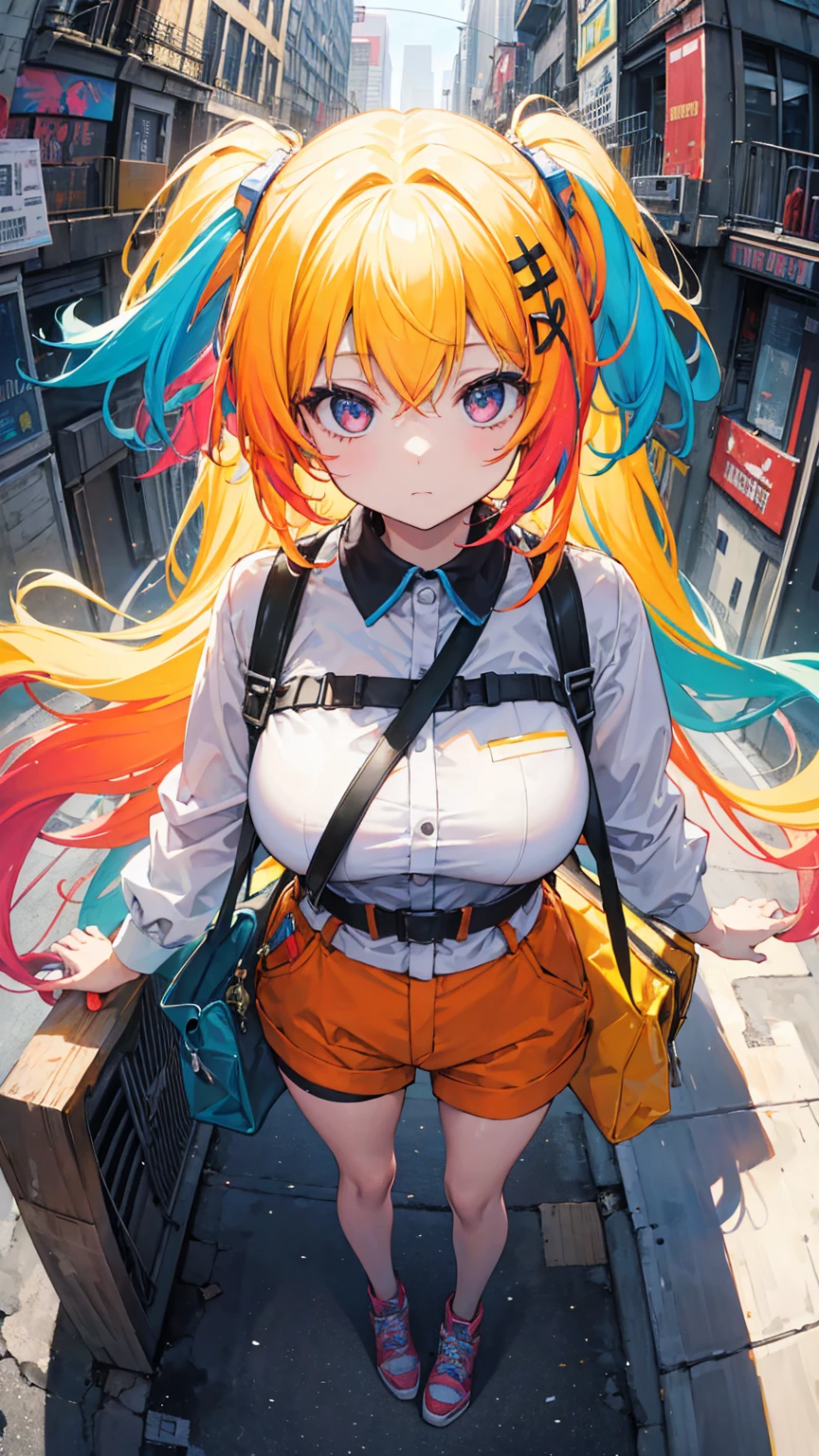 (masterpiece, best quality), (colorful:1.4), from above, solo, 1girl standing in a high-rise construction site with scaffolding all around and a bag of harnesses and safety ropes, depth of field, fisheye lens