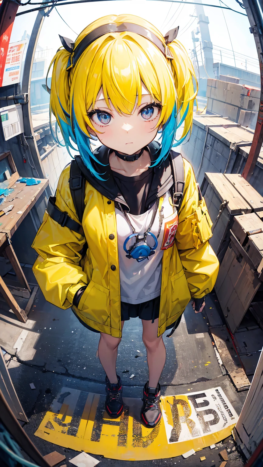 (masterpiece, best quality), (colorful:1.4), from above, solo, 1girl standing in a hazardous waste disposal facility with warning signs everywhere and a bag of protective clothing, depth of field, fisheye lens