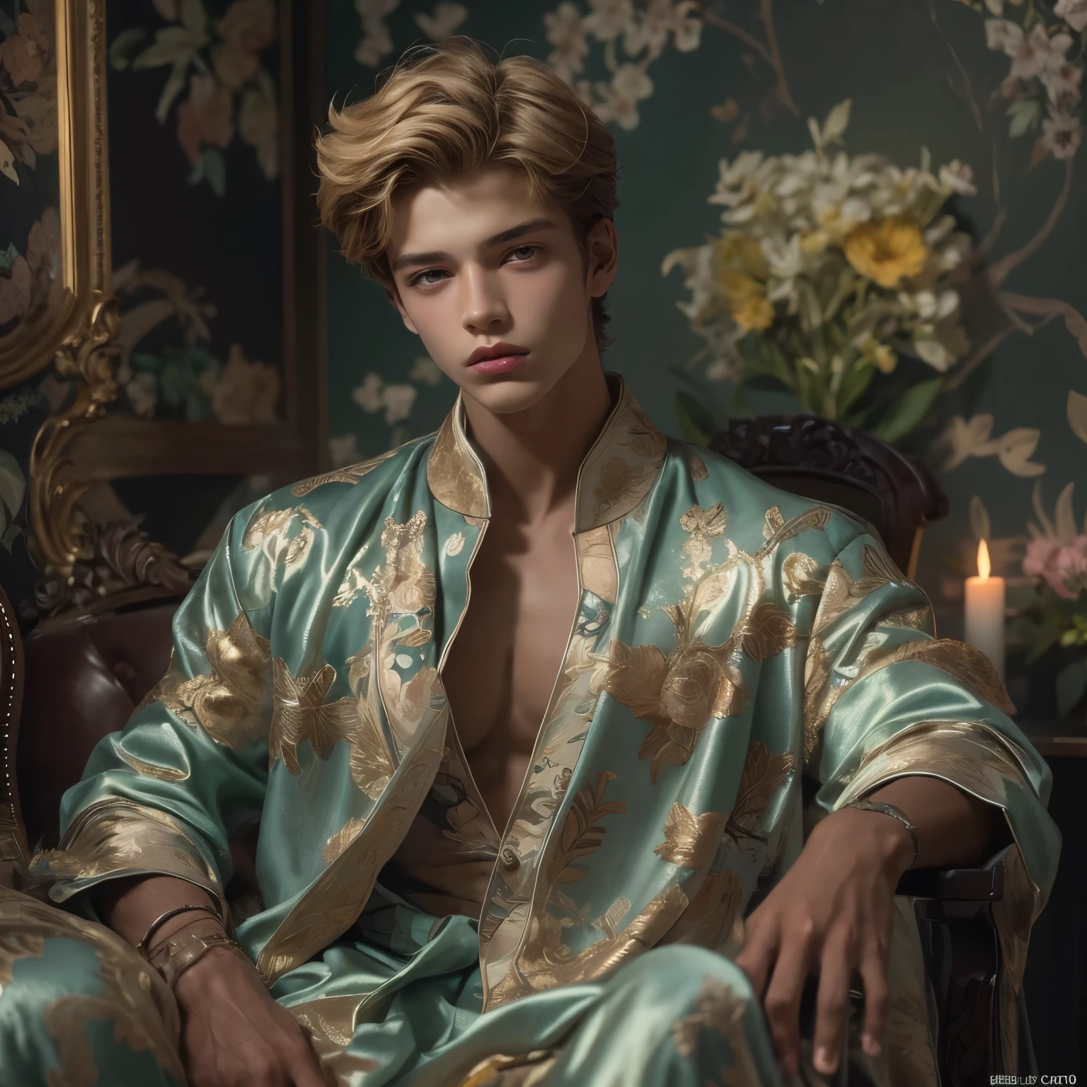 In this stunning fashion editorial photo, an attractive and charming 18-24-year-old male model, reminiscent of a mix between Jordan Calloway, and Georgi Boyadzhiyski, captivates the viewer with his timeless allure. With features reminiscent of a Ken doll, including doll joints and plastic-like skin, he embodies a perfect blend of masculinity and delicacy.

His short blonde hair frames his delicate and symmetric face and body, enhancing his natural dark skin tone and photogenic appeal. Adorned in pajama and robe in silk-satin earth tones, he exudes sophistication and elegance against the backdrop of a luxury Victorian Oriental bedroom. The room is adorned with art-deco motifs green wallpaper and surrounded by luxury furniture and colorful wildflowers, creating a vibrant and enchanting atmosphere.

Captured in a full-body pose from a dynamic angle, the model commands attention with his unparalleled attention to detail and sharp focus. Soft light bathes the scene, highlighting every intricate detail and enhancing the dramatic composition and realism of the image. Employing three-point lighting and incorporating 3D animation shadows further elevates the visual impact of the photograph.

Photographed with a Fujifilm XT3 by a professional fashion photographer, the image boasts the highest quality and resolution, allowing viewers to appreciate every nuance and detail. Attention to the layering and arrangement of body parts and surrounding objects ensures a flawless composition, while maintaining the correct body structure and photo distance.

Ultimately, this masterpiece invites viewers to immerse themselves in a world of sophistication and charm, with its seductive lighting, romantic atmosphere, and lively gorgeous background. The soft candlelight adds an extra layer of warmth and intimacy to the scene, inviting viewers to linger and appreciate the beauty of the male form in all its glory.