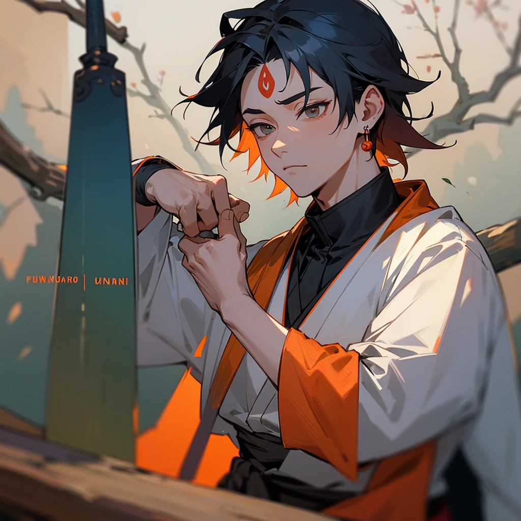 masterpiece,Extremely detailed ofCG unified 8k wallpaper,1 BOY IN JUJUTSU KAISEN CHARACTER HIS NAME IS GOJO SATORU, beauty of, actual of, blur of, blur of_background, blur of_prospect, branch, ORIGINAL ANIME of_hair, 梅flower, depth_of_site, earrings, flower, jewelry, nose, actual of, Unique, INDIAN HINDU CULTURE clothes,Finger hidden, weapon concealment, sandalwood paste is applied on the forehead,only wear