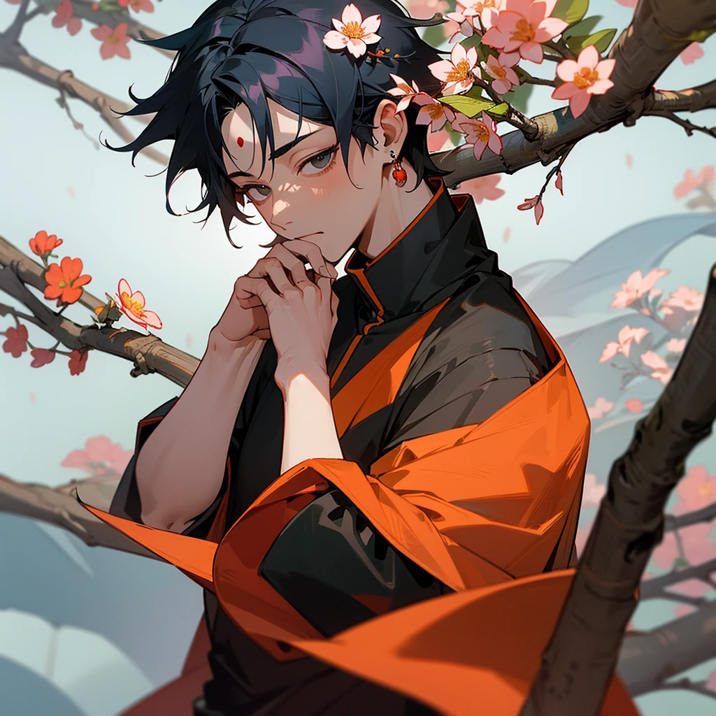 masterpiece,Extremely detailed ofCG unified 8k wallpaper,1 BOY IN JUJUTSU KAISEN CHARACTER HIS NAME IS GOJO SATORU, beauty of, actual of, blur of, blur of_background, blur of_prospect, branch, ORIGINAL ANIME of_hair, 梅flower, depth_of_site, earrings, flower, jewelry, nose, actual of, Unique, INDIAN HINDU CULTURE clothes,Finger hidden, weapon concealment, sandalwood paste is applied on the forehead,only wear