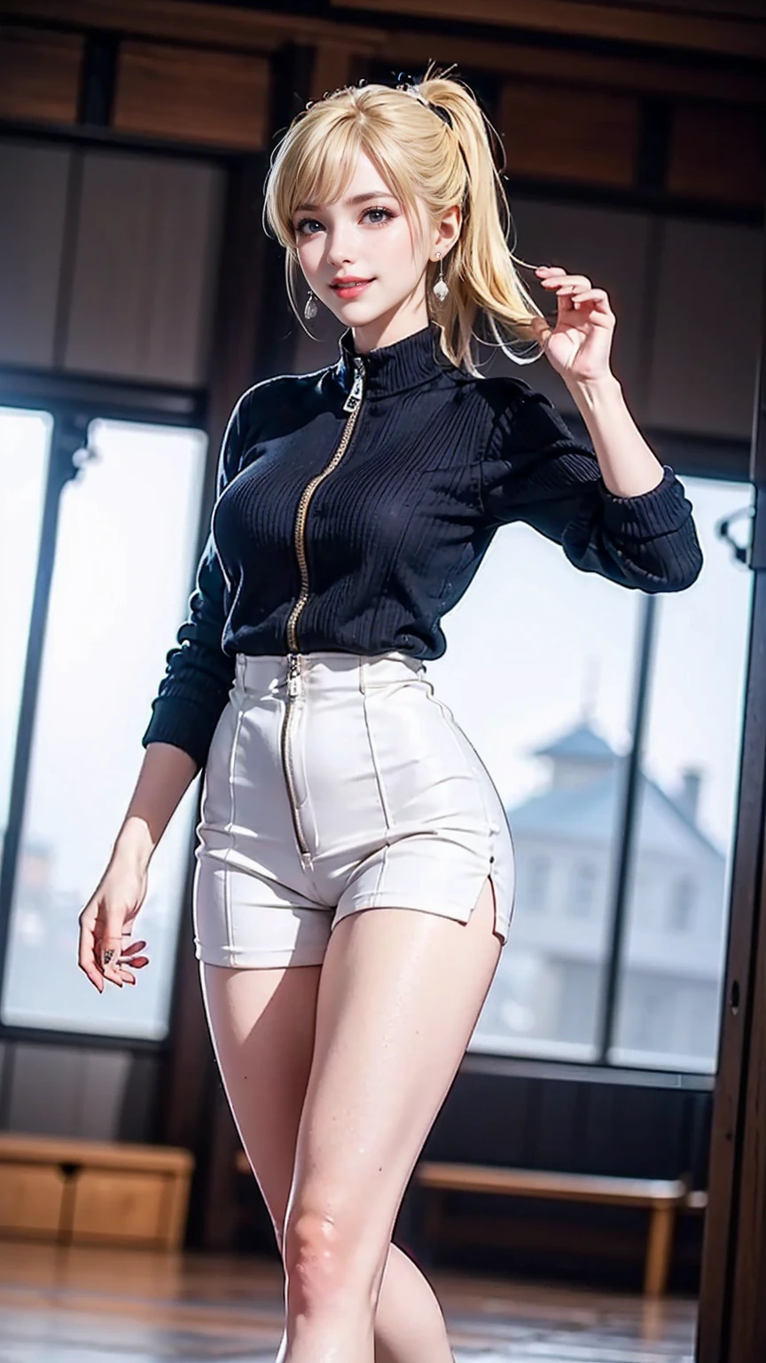 ((最high quality, 8K, masterpiece: 1.3, Ultra HD, high quality, 最high quality, High resolution, realism)) 、25歳のWhite woman、blue eyes、long hair、smile、slender、slenderだがアスリートのような細マッチョ、I want my head to stay off screen、Wear accessories on your wrist、Wearing red nail polish、I have a peticure、aerial perspective((atmospheric perspective))、smile((smiley))、background blur((depth of field)、Crystal Earrings((crystal earrings))、Blonde((blonde hair))、Bangs at the parting((parted bangs))、Split Ponytail((split ponytail))、Wear zipper-up tops、Knitted tights、No sleeve、Wear sneakers、sexy pose、White woman