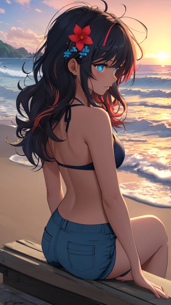 Beach,search,long black hair,sexy, full body, Dark, tight clothes, bikini, holding volleyball