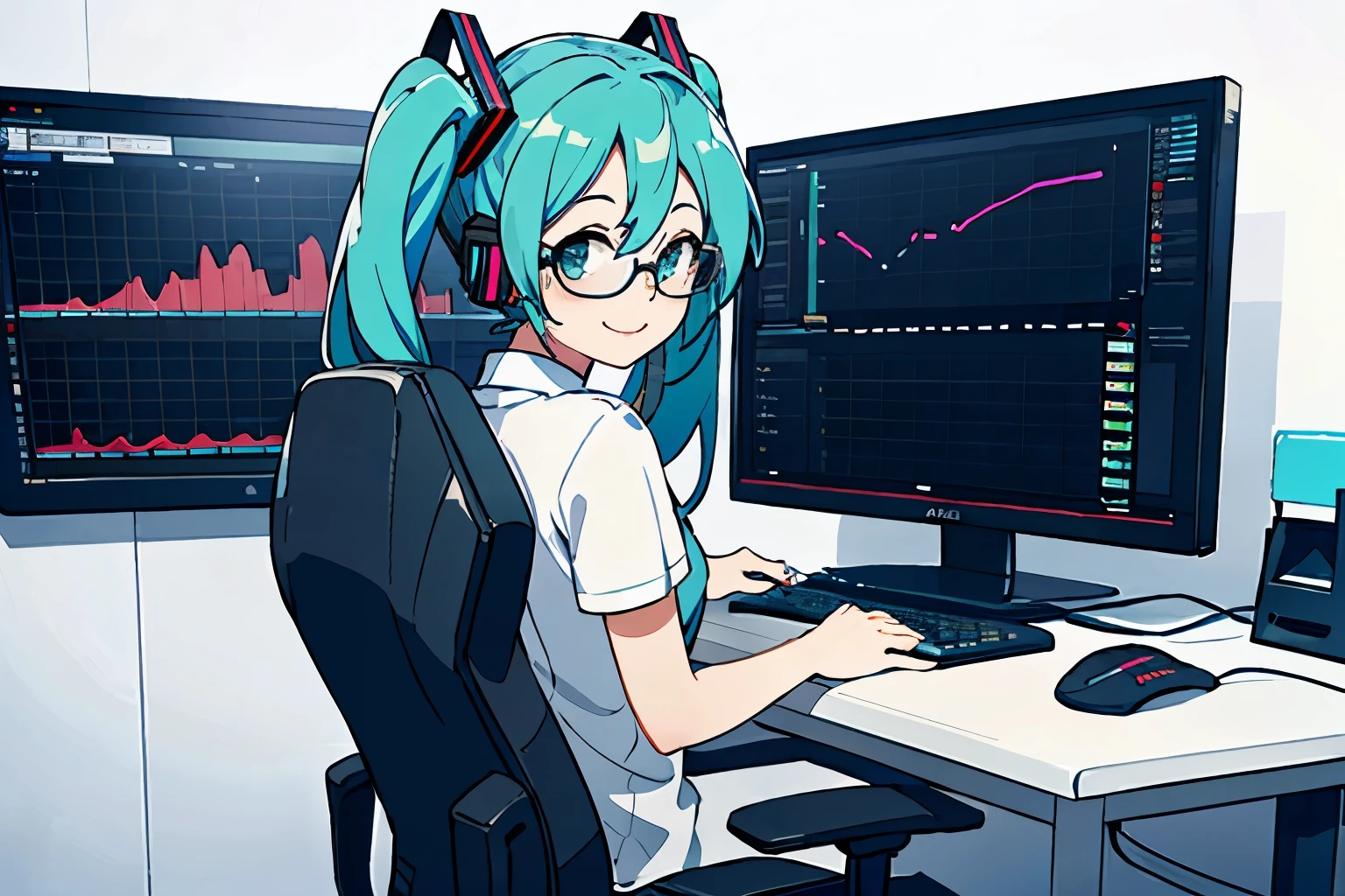 ((best quality)), ((masterpiece)), (detailed), perfect face,((perfect anatomy)),((perfect hands)),(Hatsune Miku),glasses,modern office,stock chart on screen,sitting, gaming chair,looking back, looking at viewer, smiling 
