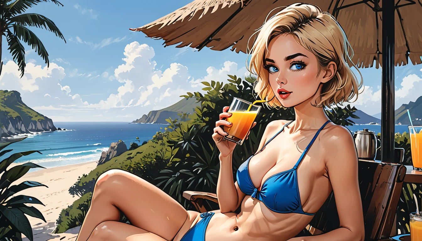 looks to the side, mouth open, mouth open, looks into the distance, girl in Blue bikini and black Elastic cycling shorts sitting in tropical coffee with a glass of freshly squeezed juice with sea views, people sitting in coffee, adult, [Nordic], Hourglass body, perfect Olive skin, Oval Face, Long neck, Rounded shoulders, perfect hand, Attached Pointed ears, round forehead, Short blonde Waves pixie hair, snub nose, Arched eyebrows, Monolid blue Eyes, High Round Narrow cheekbones, Dimpled Cheeks, Rounded Chin, Rounded Jawline, Fine Puppet Wrinkles, Full nude Lips, (blue eyes), Nude Makeup Look, long eyelashes, third breast size, (graphic style of novel comics), perfect hands, 2d, 8k, hyperrealism, masterpiece, high resolution, best quality, ultra-detailed, super realistic, Hyperrealistic art, high-quality, ultra high res, highest detailed, lot of details, Extremely high-resolution details, incredibly lifelike, soft cinematic light,