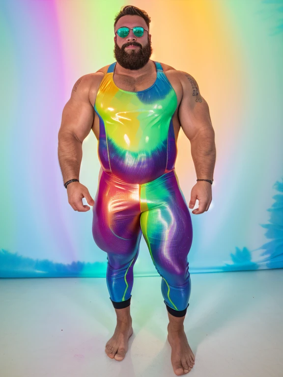 arafed man in a tie dye swimsuit and sunglasses posing for a picture, skintight rainbow body suit, psychedelic swimsuit, is wearing a swimsuit, sparky swimsuit, laserpunk fullbodysuit, bold rave outfit, bubblegum body, holographic suit, translucent neon skin, rubbery - looking body, rubbery-looking body, wearing leotard, chromatic skin, hot muscular beefy man, homoerotic, hairy man