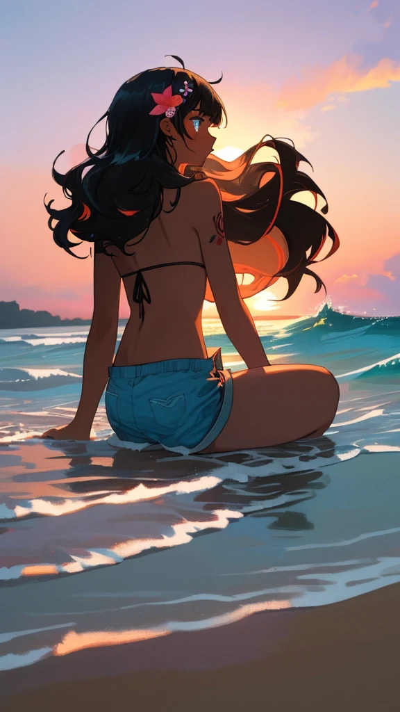 (masterpiece, best quality, ultra detailed, ultra high resolusion, highres,8k:1.4), BREAK,20_years_old, 1giri sitting-on-the-the edge-of-the-waves,beach,(looking away:1.5), (dark_skin:1.2),(tribal_tatoo),(wavy hairs),(messy hair),(asymmetry bangs),(multicolored hair),
Tsurime Eyes, (((blue eyes))),
((flower hair ornament)),(shortpants,bikini:1.4), sunset, from side,