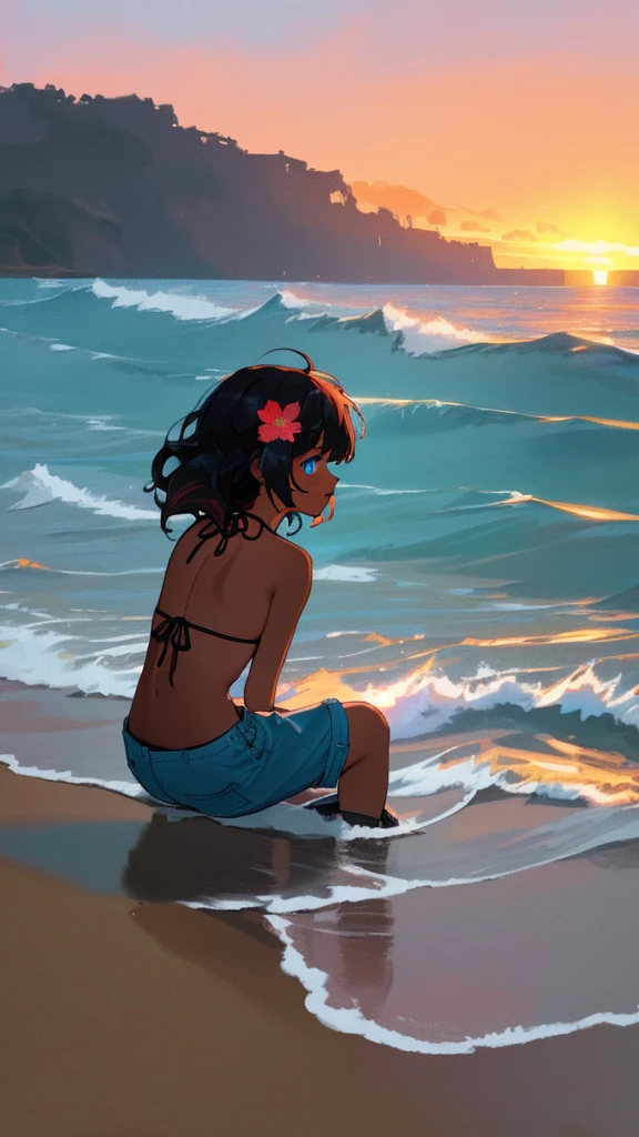 (masterpiece, best quality, ultra detailed, ultra high resolusion, highres,8k:1.4), BREAK,20_years_old, 1giri sitting-on-the-the edge-of-the-waves,beach,(looking away:1.5), (dark_skin:1.2),(tribal_tatoo),(wavy hairs),(messy hair),(asymmetry bangs),(multicolored hair), 
Tsurime Eyes, (((blue eyes))),
((flower hair ornament)),(shortpants,bikini:1.4), sunset, from side, 
