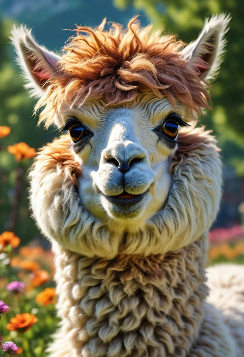 An Alpaca, aesthetic, (best quality,4k,8k,highres,masterpiece:1.2),ultra-detailed,(realistic,photorealistic,photo-realistic:1.37),woolly alpaca,comical actions,humorous situations,quirky poses,random antics,beautiful natural scenery,green pastures,sunny day,colorful flowers,epic landscapes,mythical creatures,enchanted forests,dreamlike ambiance,soft sunlight,bright and vivid colors,playful expressions,curious eyes,fluffy fur,cartoonish style,dynamic composition,whimsical atmosphere.