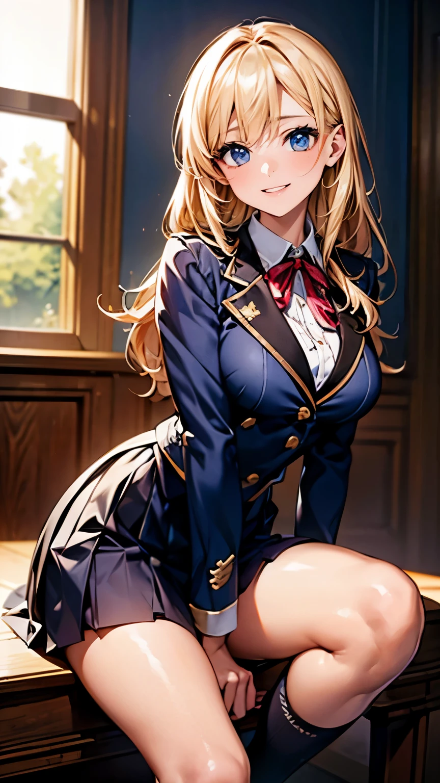 A breathtaking masterpiece、Captured in breathtaking 8K resolution、The portraits are exquisitely detailed and realistic.。The scene is bathed in HDR light.、Depicts a beautiful woman at a medium distance、(semi-long、Blonde Hair)、Medium breast、high school girl、(uniform、cute ribbon、skirt、Knee-high socks、blazer、uniformのボタン、uniformの襟、blouse、uniformのskirt、uniformのネクタイ、uniformの靴、uniformのベスト)、In a perfect contrapposto pose、Her hands were delicately placed on her head、Smiling amiably at the viewer。She exudes an aura of grace and charm.。