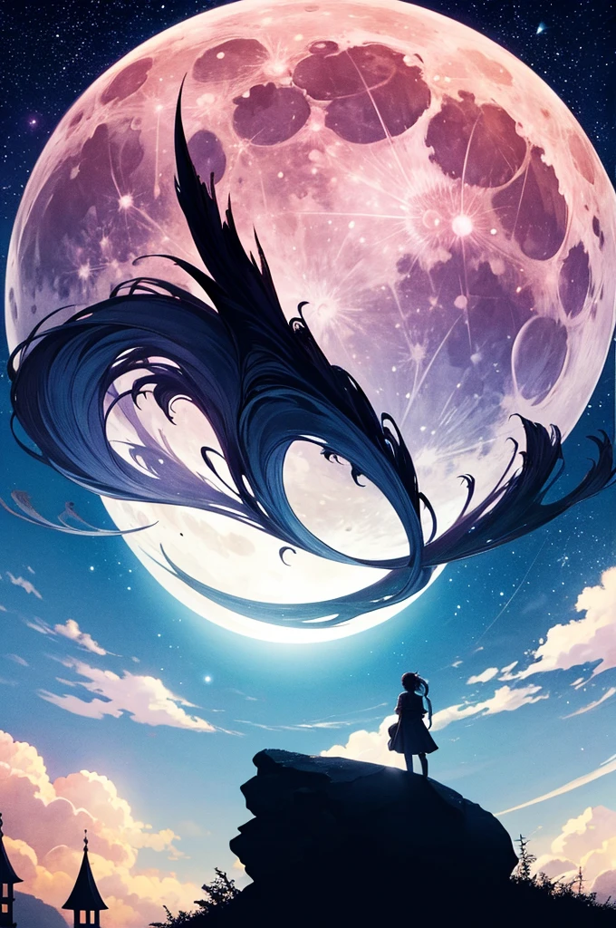 highest quality,big moon and shadow,A silhouette of a person can be seen against the background of the big moon.,There is one full moon,There is a mood,Beautiful scenery,Starry Sky