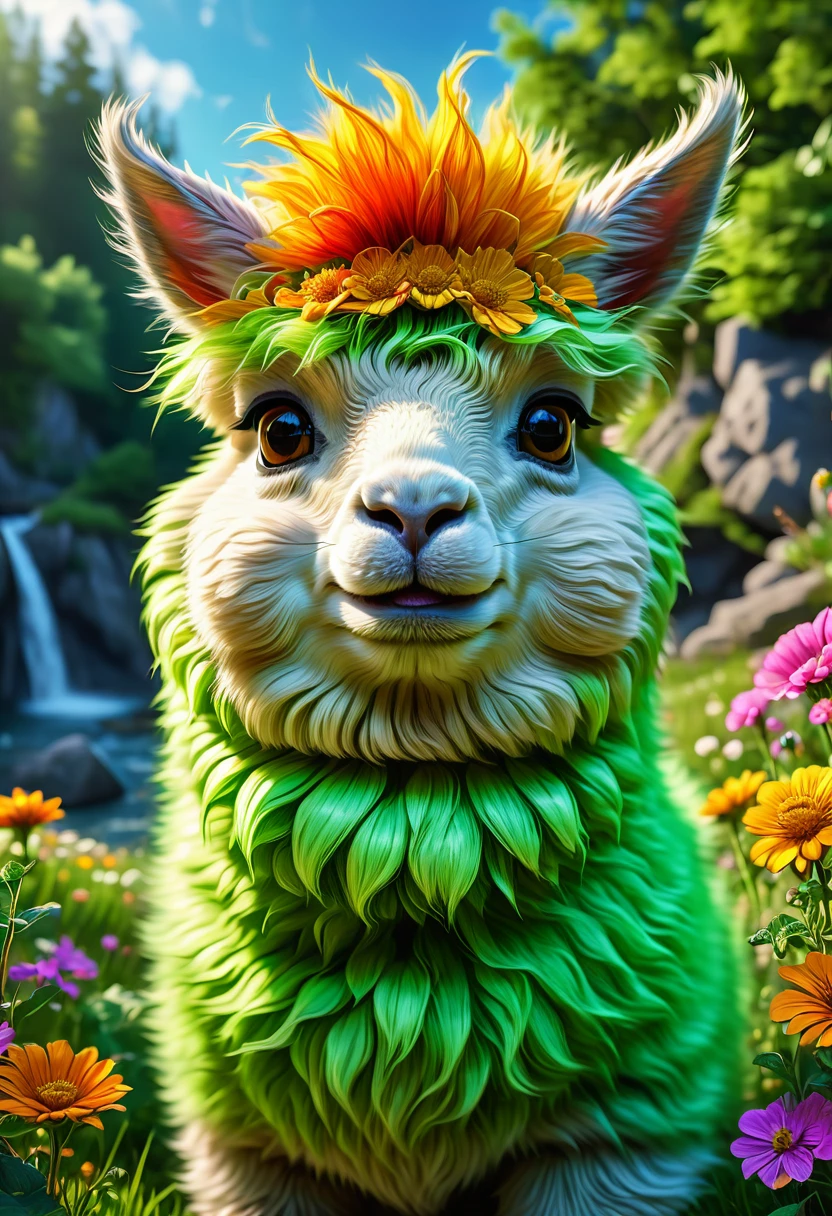 An Alpaca, aesthetic, (best quality,4k,8k,highres,masterpiece:1.2),ultra-detailed,(realistic,photorealistic,photo-realistic:1.37),woolly alpaca,comical actions,humorous situations,quirky poses,random antics,beautiful natural scenery,green pastures,sunny day,colorful flowers,epic landscapes,mythical creatures,enchanted forests,dreamlike ambiance,soft sunlight,bright and vivid colors,playful expressions,curious eyes,fluffy fur,cartoonish style,dynamic composition,whimsical atmosphere.