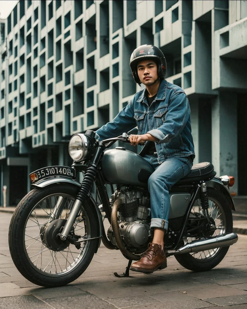 full body, wide shoot, street photography, retro portrait of an indonesian man 23 years old with helm riding an old motorbike, they are wearing denim jackets, wearing a shoes, ade santora style, riding a motorbike, looking at the camera.