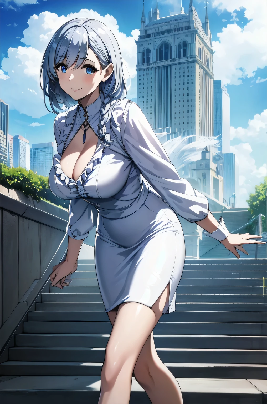 masterpiece, best quality, beta, silver hair, white shirt, frills, pencil skirt, cleavage, large breasts, walking, stairs, city street, clouds, sky, looking at viewer, smile,blue eyes