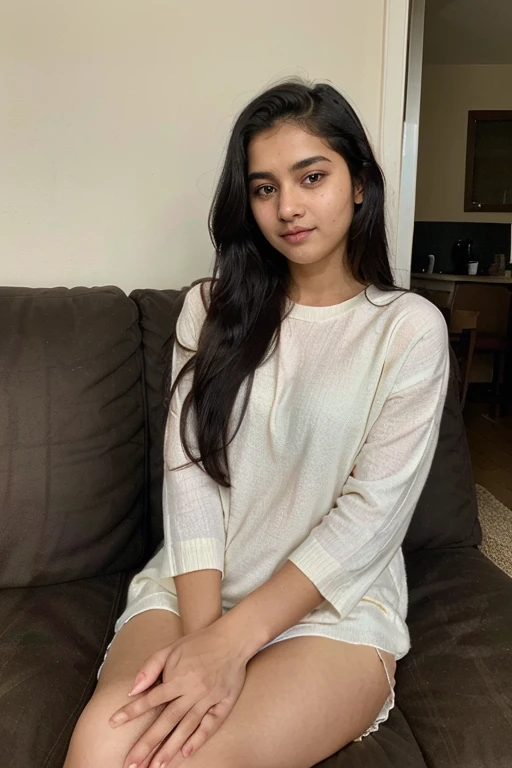 beautiful cute young attractive indian teenage girl, village girl, 18 years old, cute, Instagram model, long black_hair, colorful hair, warm, dacing, in home sit at sofa, indian