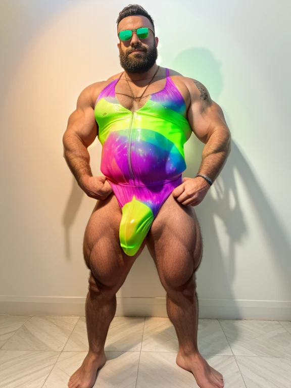 arafed man in a tie dye swimsuit and sunglasses posing for a picture, skintight rainbow body suit, psychedelic swimsuit, is wearing a swimsuit, sparky swimsuit, laserpunk fullbodysuit, bold rave outfit, bubblegum body, holographic suit, translucent neon skin, rubbery - looking body, rubbery-looking body, wearing leotard, chromatic skin, hot muscular beefy man, homoerotic, hairy man, big dick, dick bulge