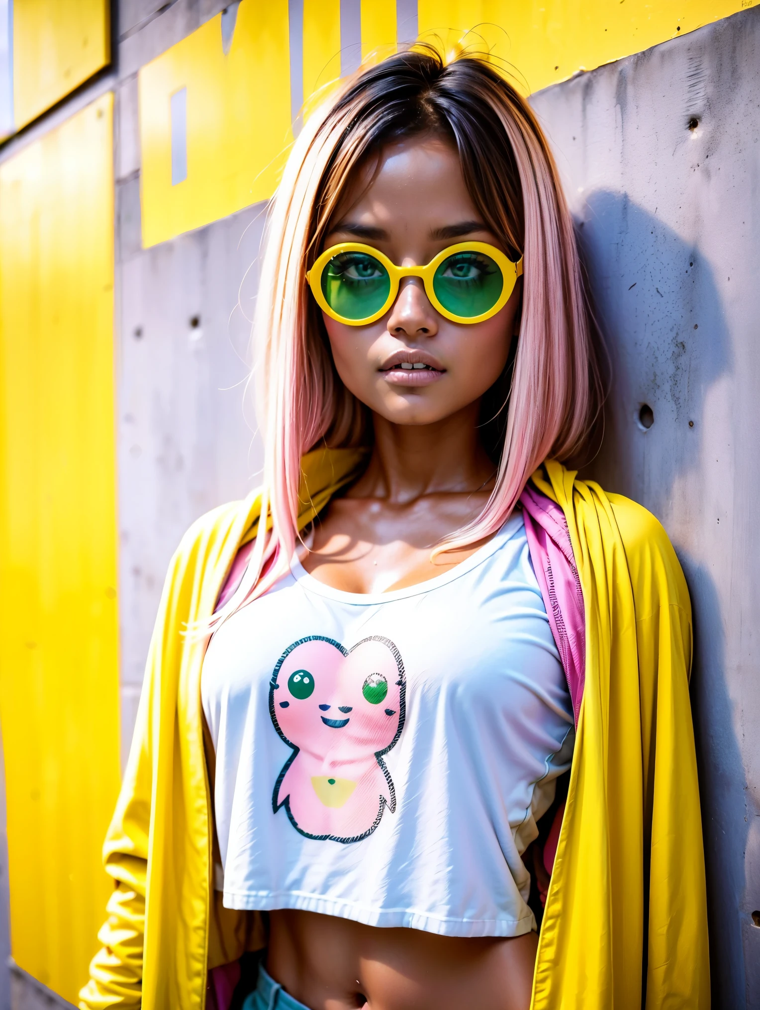 35 year old woman, blue eyes, extremely beautiful, masterpiece,((yellow-blue-pink)) mix multicolor hair, (((surprised face))), ((perfect expression green eyes)), very short hairstyle, bangs, green and purple hair colour, wearing pastel colorstyle cropped t-shirt with stylish and garish multi colored printed jacket, polka dots, large-breasted, take standing kawaii portrait, multicolor wall background, , staring at camera, ((colorful theme)), eos 5D mark iv with 50mm, ultra highres photography, 8k wallpaper, soft rim light, ((masterpiece, photorealistic, best quality, hyperdetailed:1.2)), pulling shirt, deep cleavage, busty, glasses stuck on top of hair, colourful chest tattoo