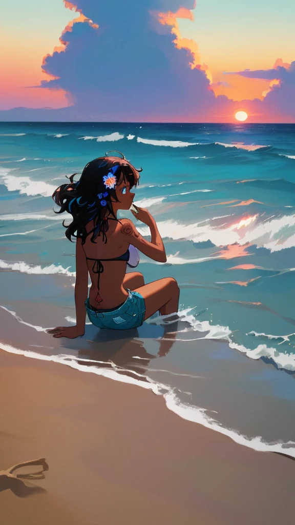 (masterpiece, best quality, ultra detailed, ultra high resolusion, highres,8k:1.4), BREAK,20_years_old, 1giri sitting-on-the-the edge-of-the-waves,beach,(looking away:1.5), (dark_skin:1.2),(tribal_tatoo),(wavy hairs),(messy hair),(asymmetry bangs),(multicolored hair),
Tsurime Eyes, (((blue eyes))),
((flower hair ornament)),(shortpants,bikini:1.4), sunset, from side,